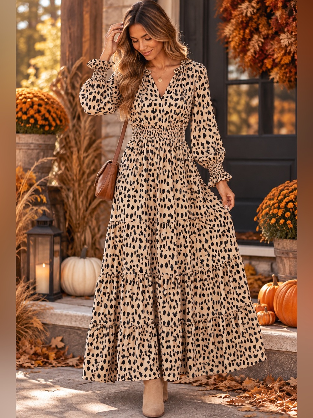 Vince Camuto Beige and Black Long Sleeve Animal Print Maxi Dress